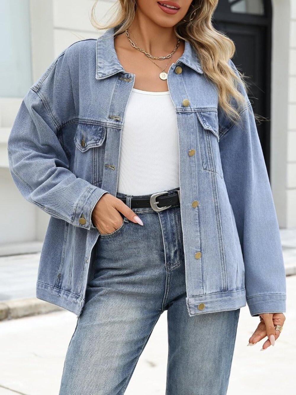 Women's Light Blue Oversized Button Down Pockets Imported Denim Jeans Jacket - Picture 3 of 7